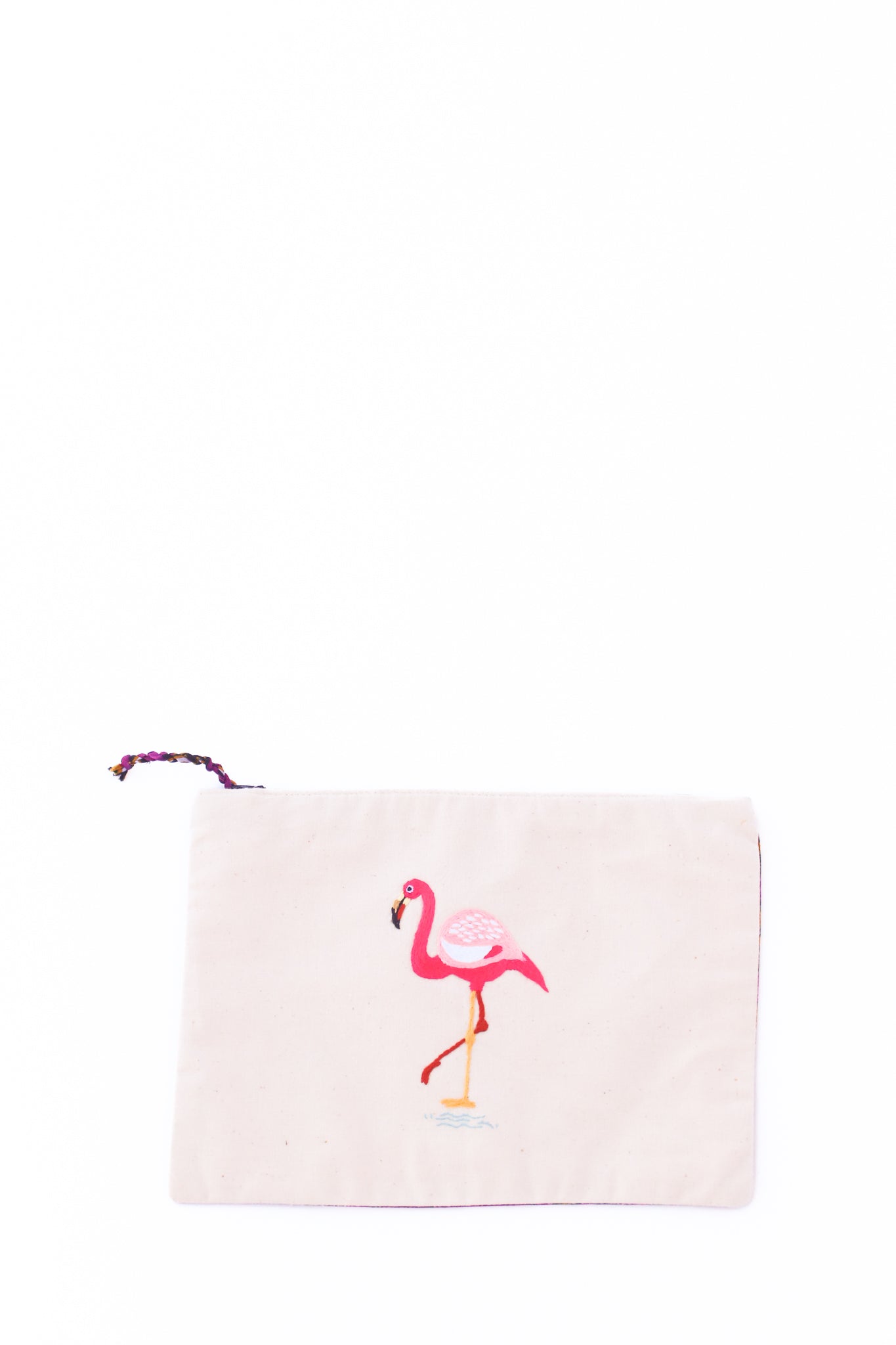 Embroidered Flamingo Pouch, Scrolls