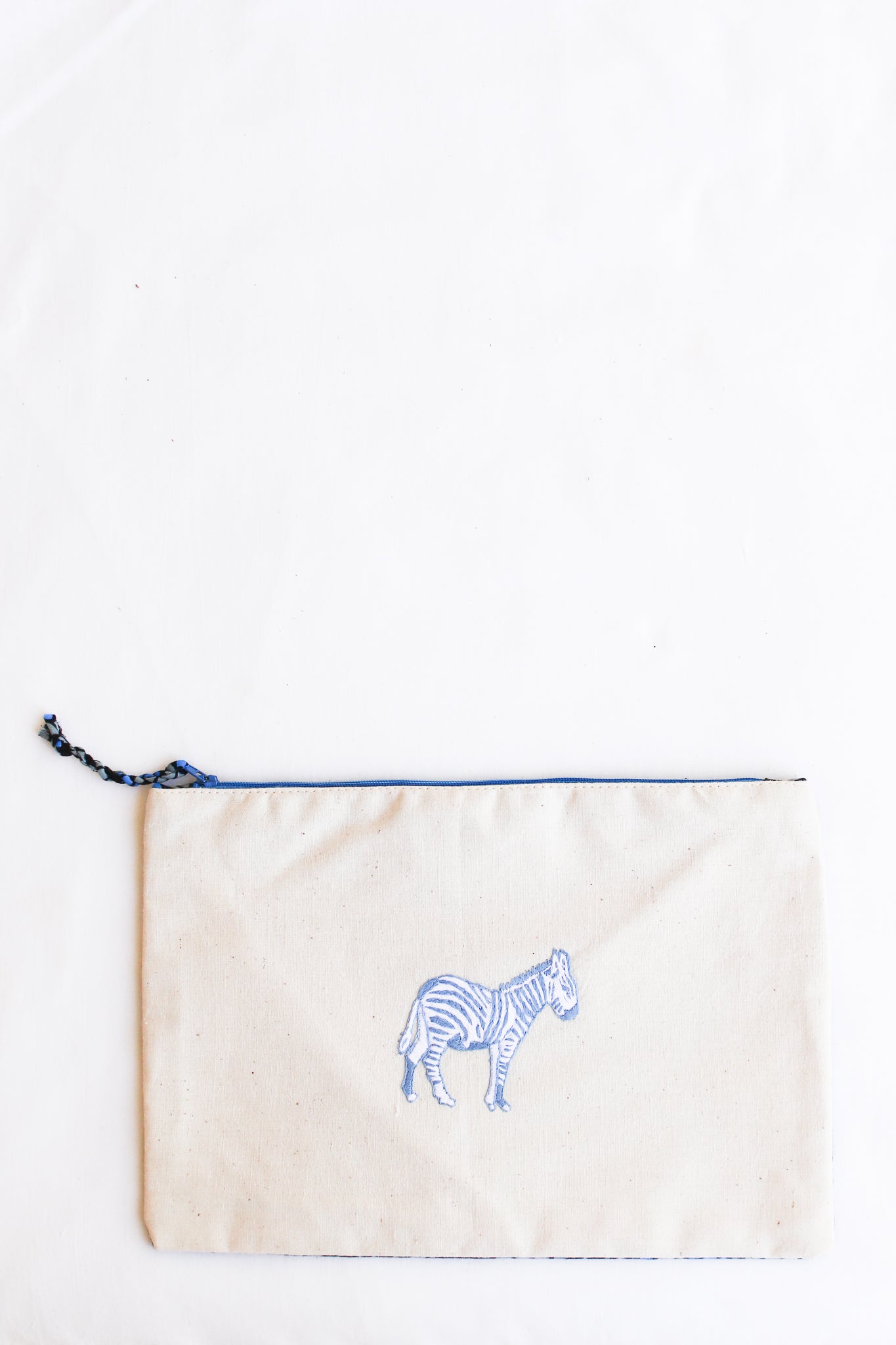 Embroidered Zebra Pouch, Cornflower