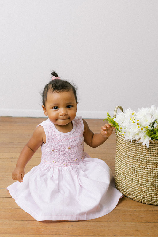 Hand-Smocked Dress Floral, Powder Gingham