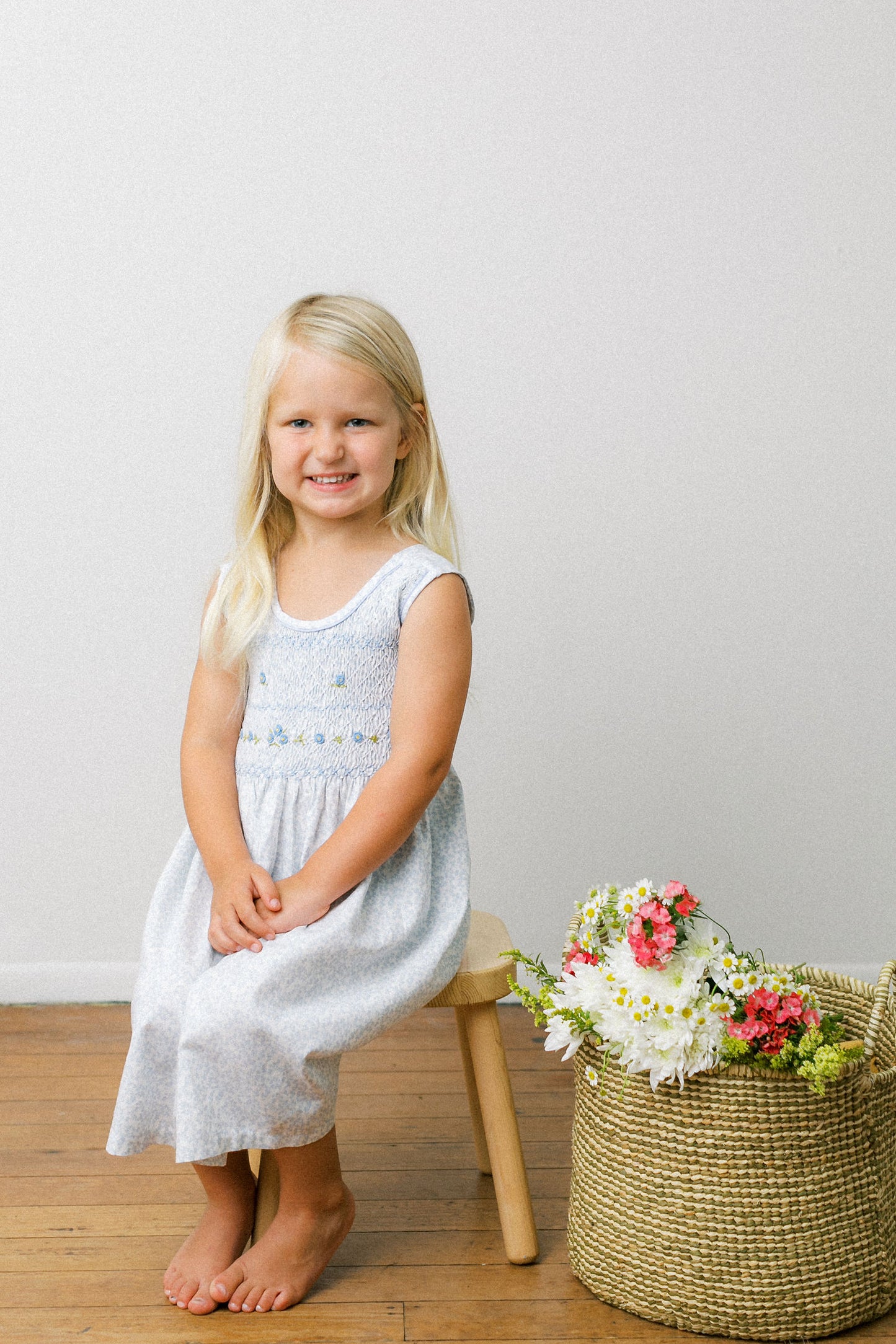 Hand-Smocked Dress, Blue Ice Floral