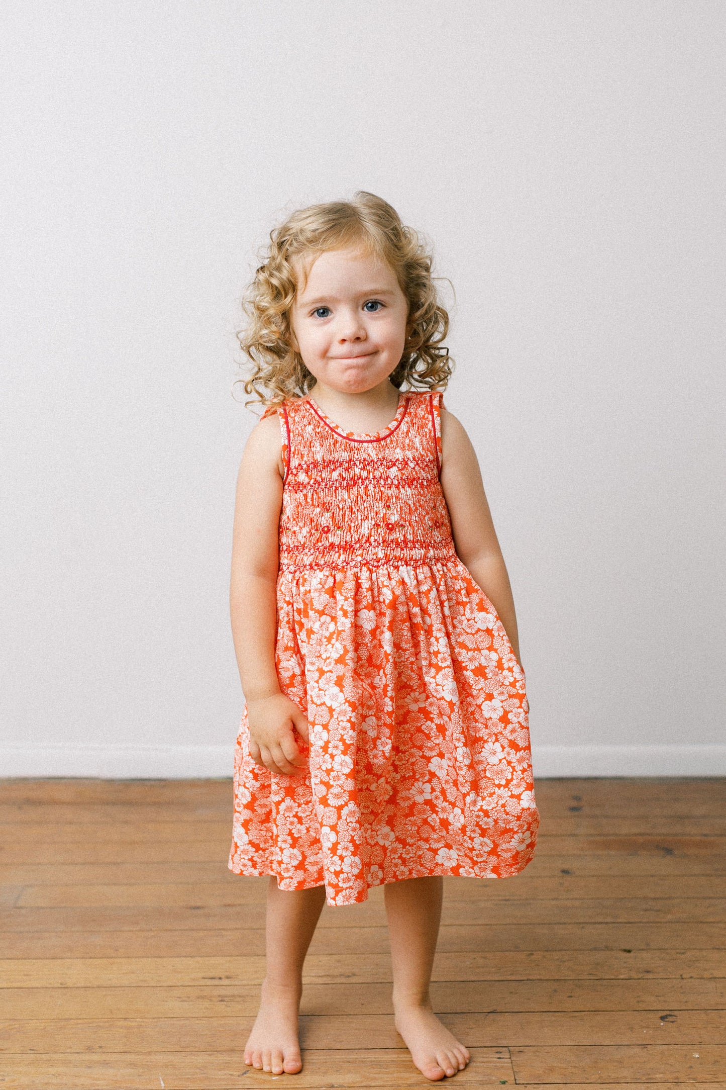 Hand-Smocked Dress Floral, Tangerine