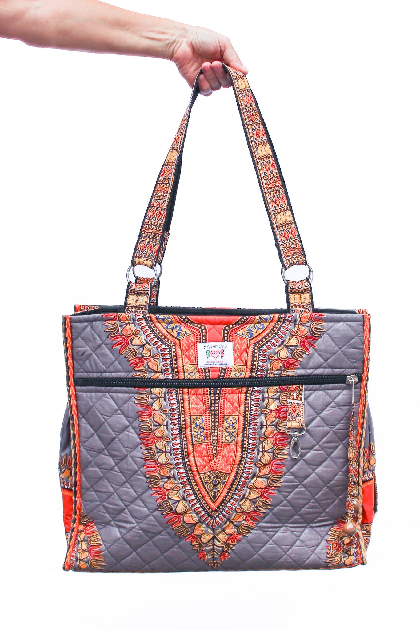Wax Print Tote, Charcoal Dashiki