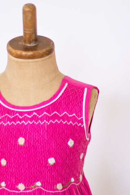 Hand-Smocked Dress Daisies, Hot Pink
