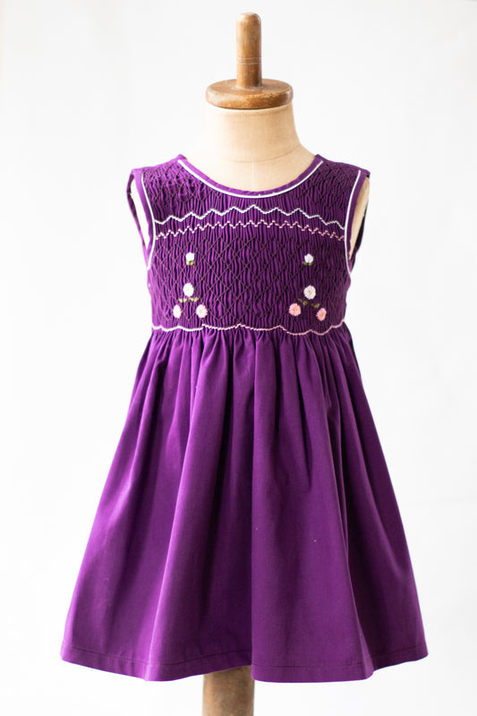 Hand-Smocked Dress Daisies, Dark Purple