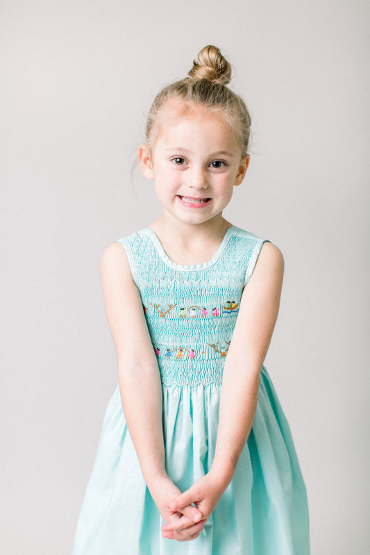 Hand-Smocked Dress Children Playing, Pistachio