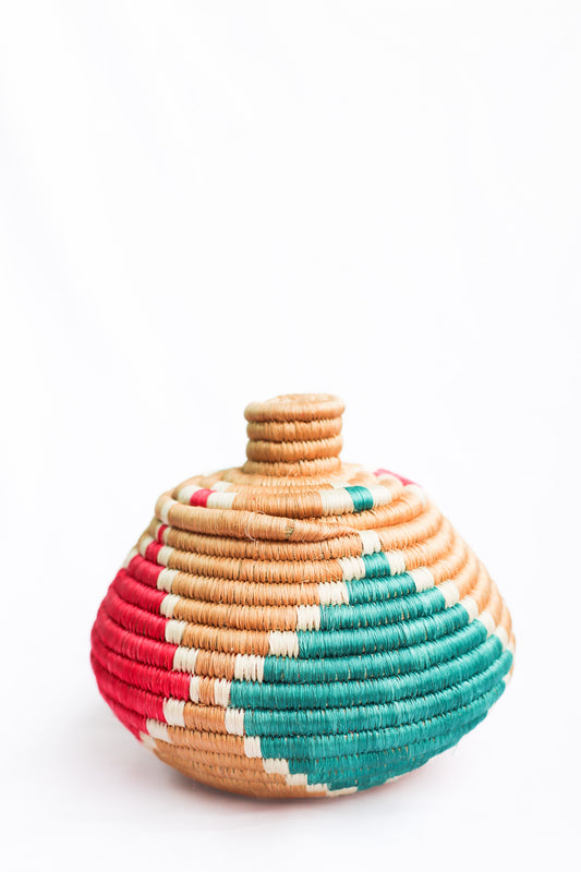Lidded Basket, Teal + Pink