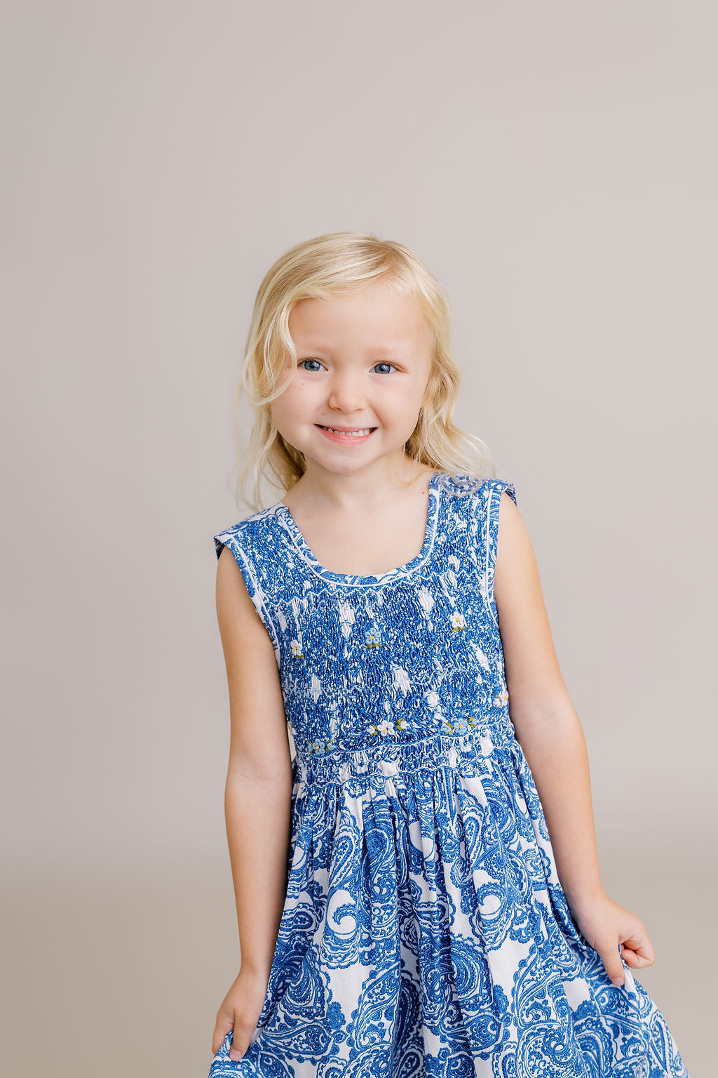 Hand-Smocked Dress, Cobalt Paisley