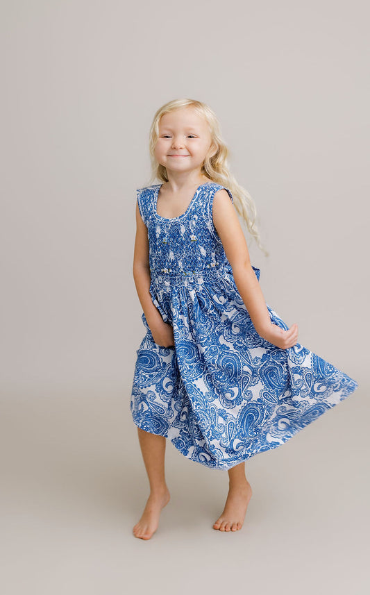 Hand-Smocked Dress, Cobalt Paisley