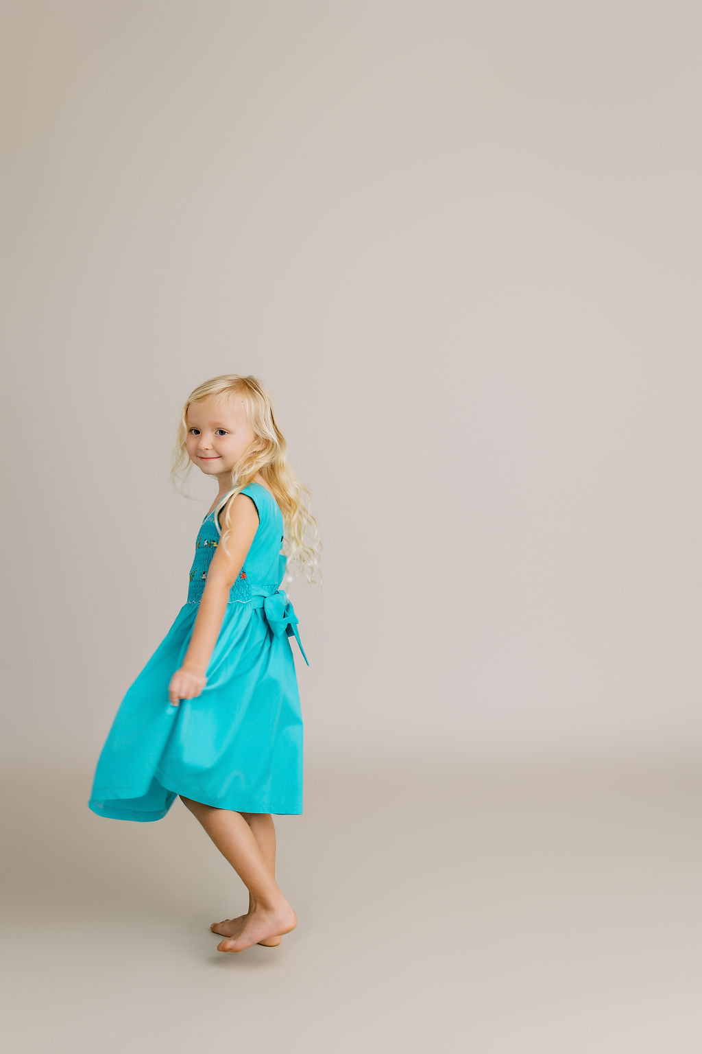 Hand-Smocked Dress, Children Playing + Teal
