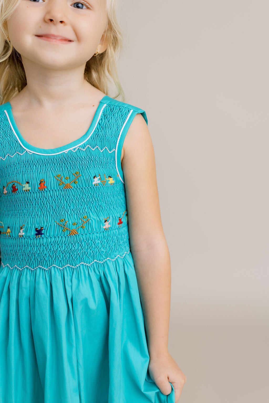 Hand-Smocked Dress, Children Playing + Teal
