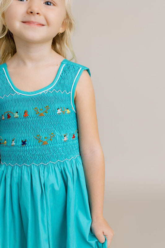 Hand-Smocked Dress, Children Playing + Teal