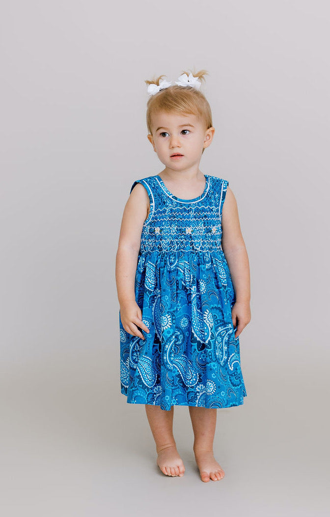 Hand-Smocked Dress, Azure Paisley