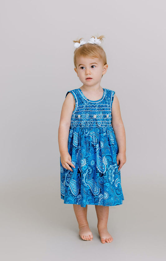 Hand-Smocked Dress, Azure Paisley