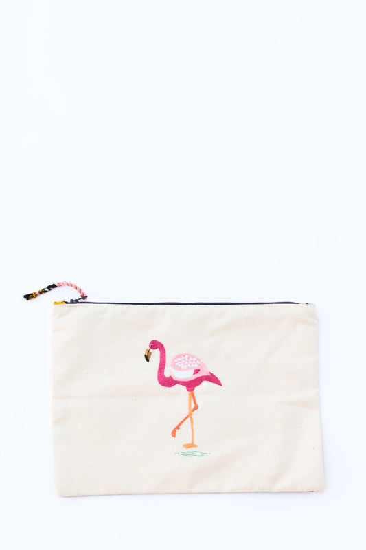 Embroidered Flamingo Pouch, Punch
