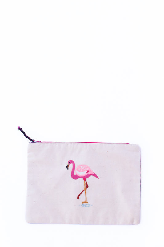 Embroidered Flamingo Pouch, Batik