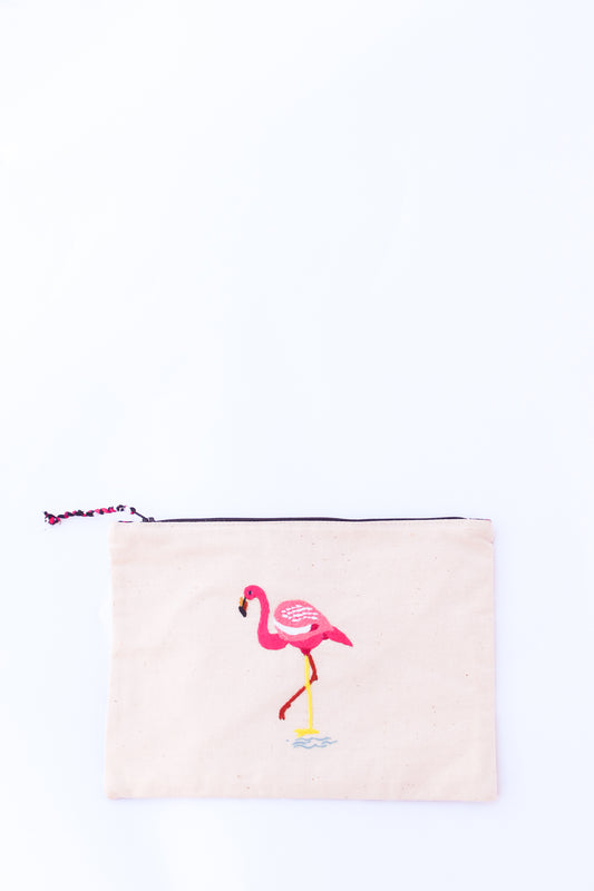 Embroidered Flamingo Pouch, Geometric