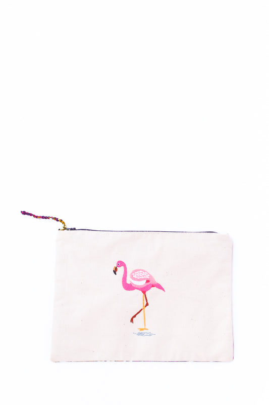 Embroidered Flamingo Pouch, Berry Batik