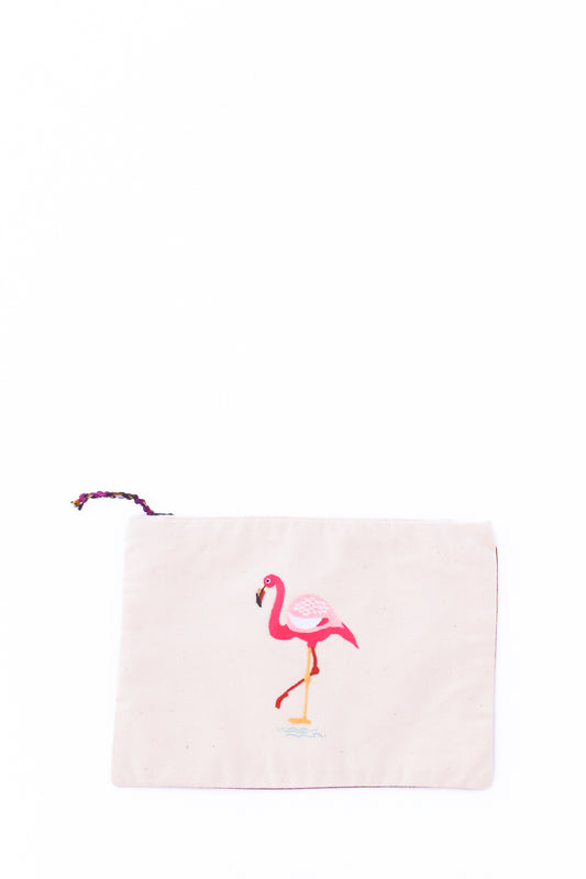 Embroidered Flamingo Pouch, Scrolls