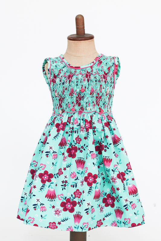 Hand-Smocked Dress, Aquamarine Floral