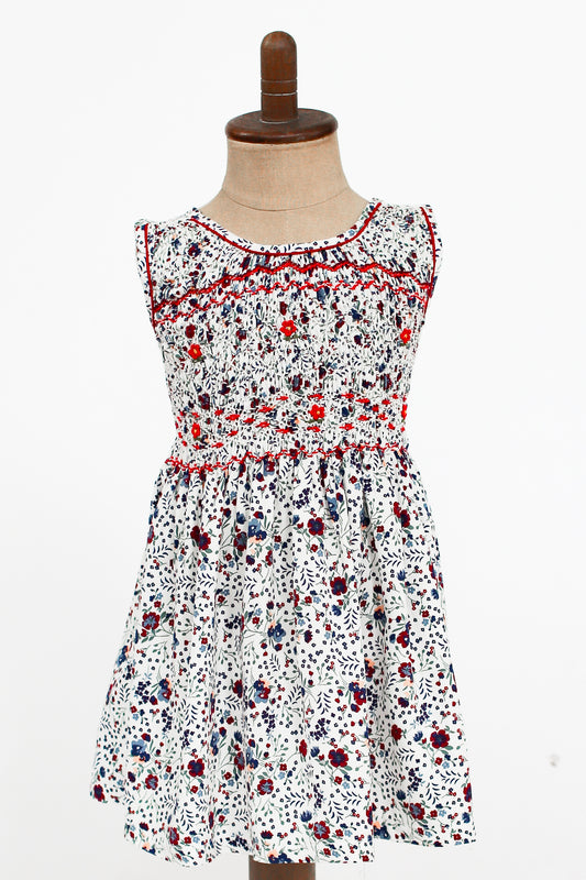 Hand-Smocked Dress Floral, Red Daisy