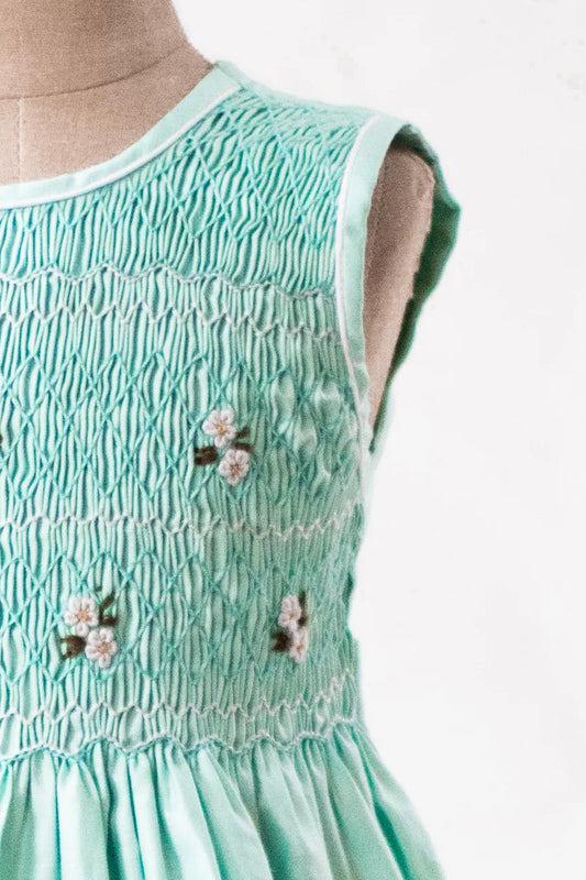 Hand-Smocked Dress White Daisies, Seafoam