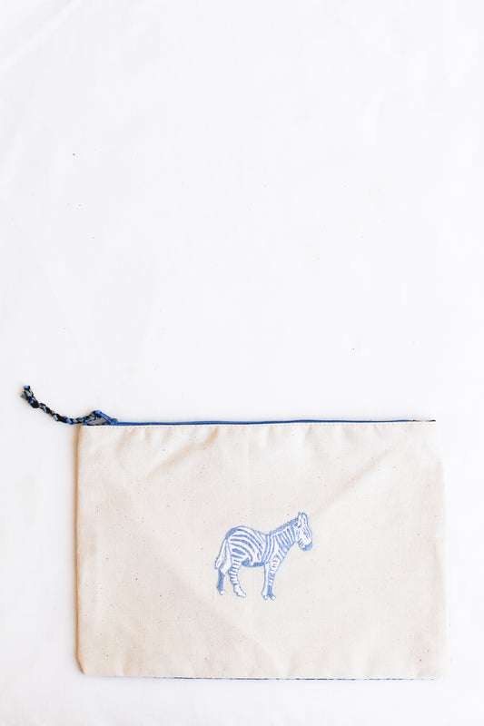 Embroidered Zebra Pouch, Cornflower