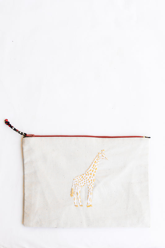 Embroidered Giraffe Pouch, Lemon