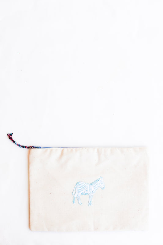 Embroidered Zebra Pouch, Turquoise