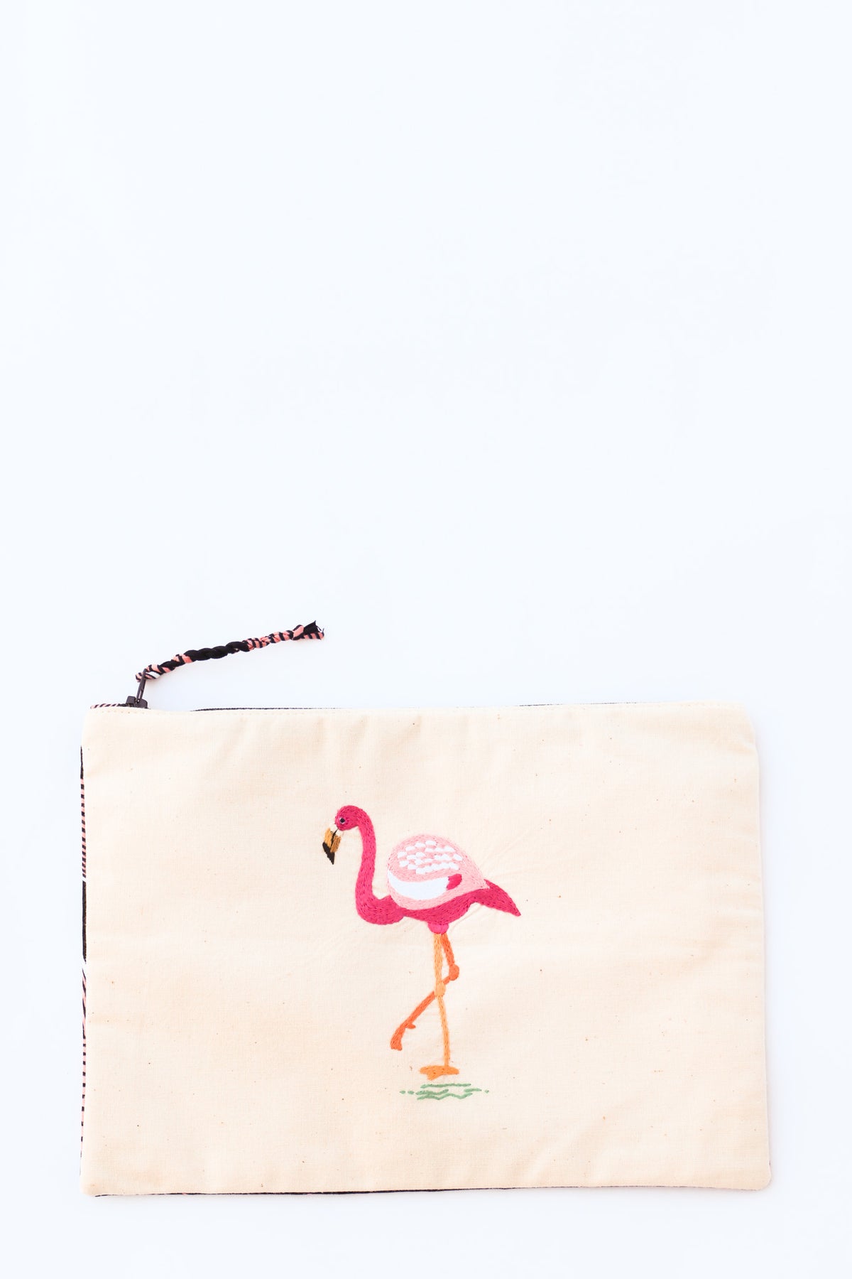 Embroidered Flamingo Pouch, Electric