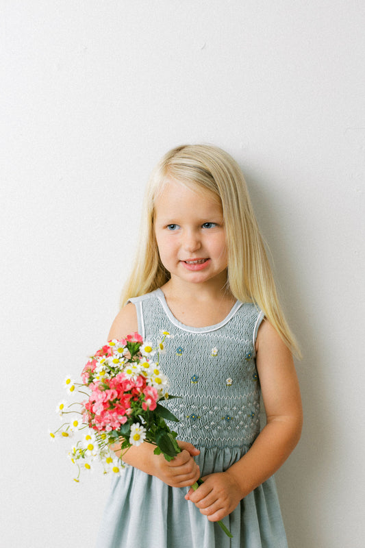 Hand-Smocked Dress Floral, Sage