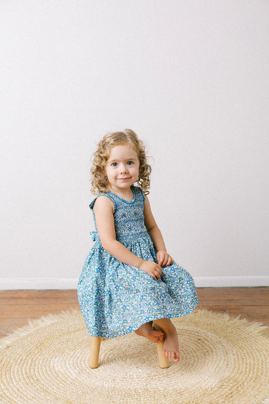 Hand-Smocked Dress Floral, Azure