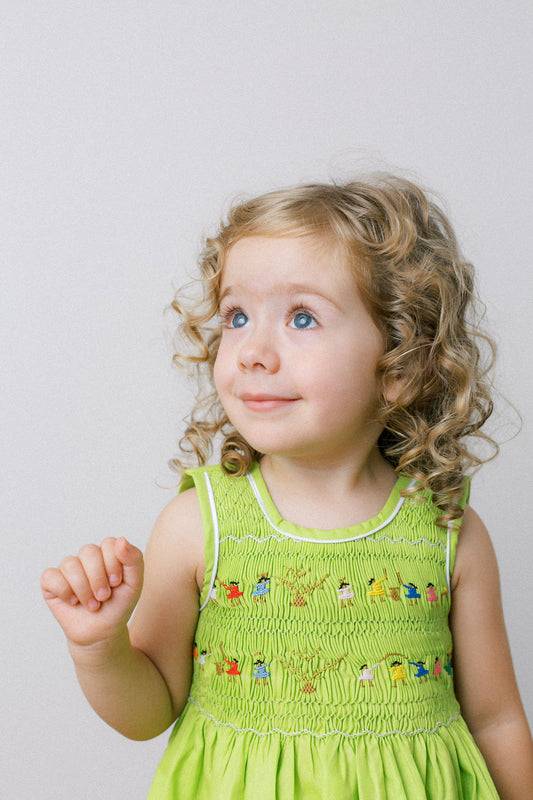 Hand-Smocked Dress Children Playing, Citron