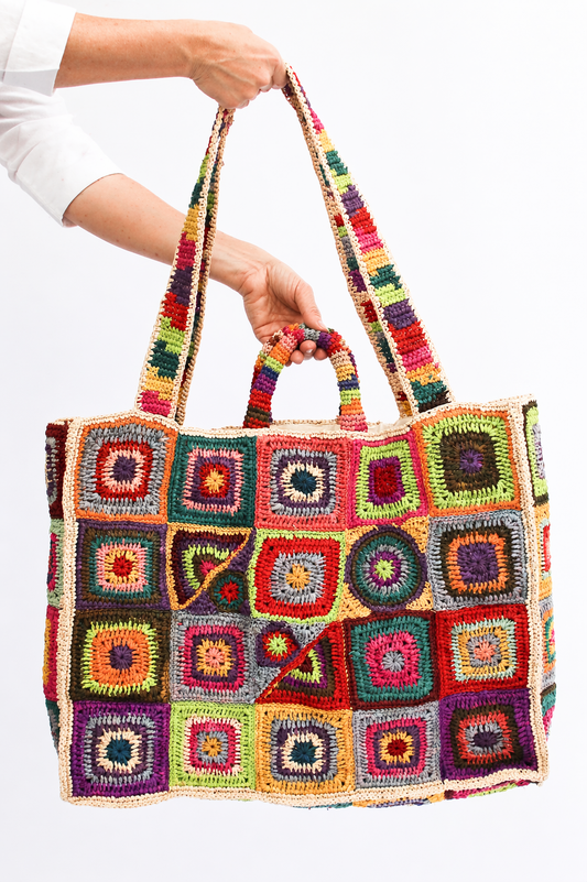 Granny Square Raffia Tote Bag