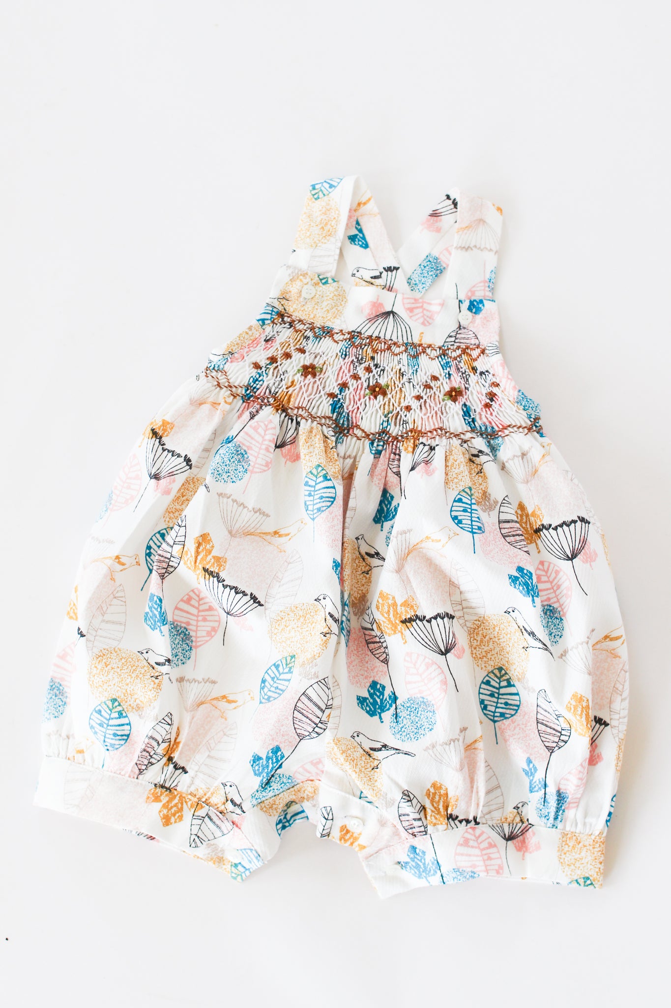 Hand-Smocked Romper, Spring Leaves