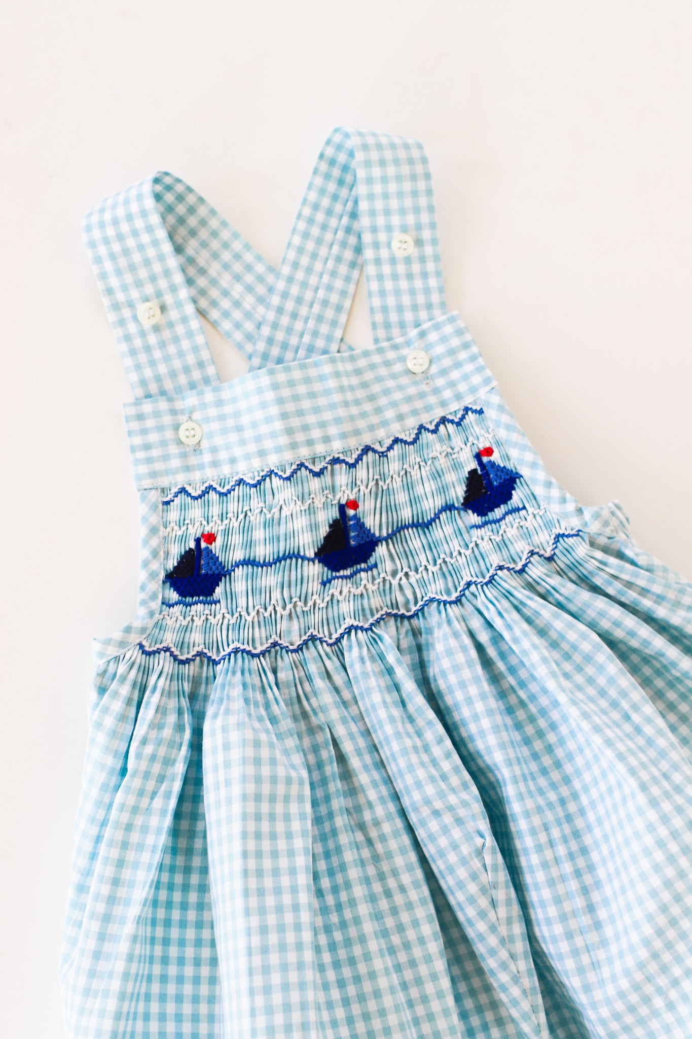 Hand-Smocked Romper Sailboats + Blue and White Gingham