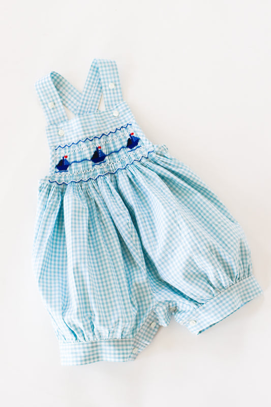Hand-Smocked Romper Sailboats + Blue and White Gingham
