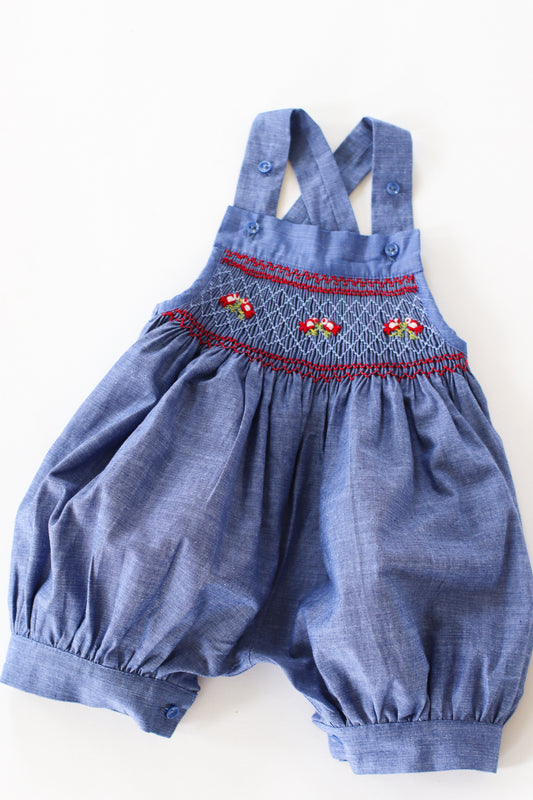 Hand-Smocked Romper Chambray, Red Birds