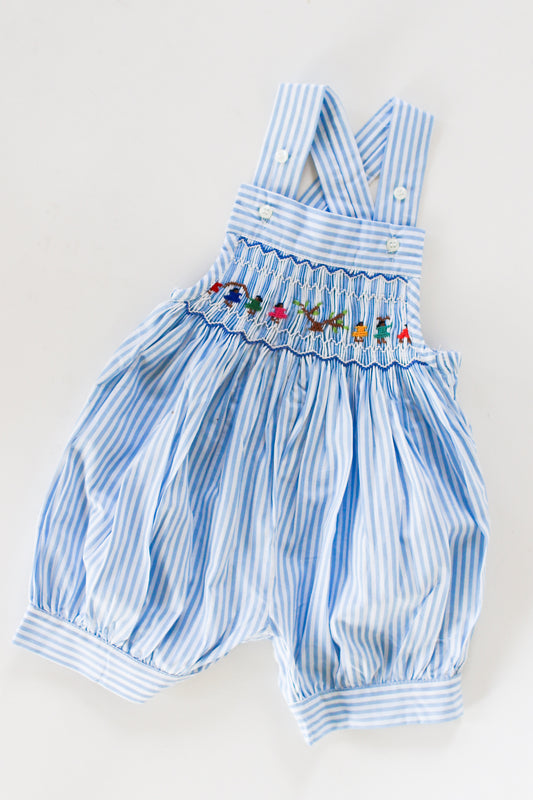 Hand-Smocked Romper Children Playing + Blue and White Stripe