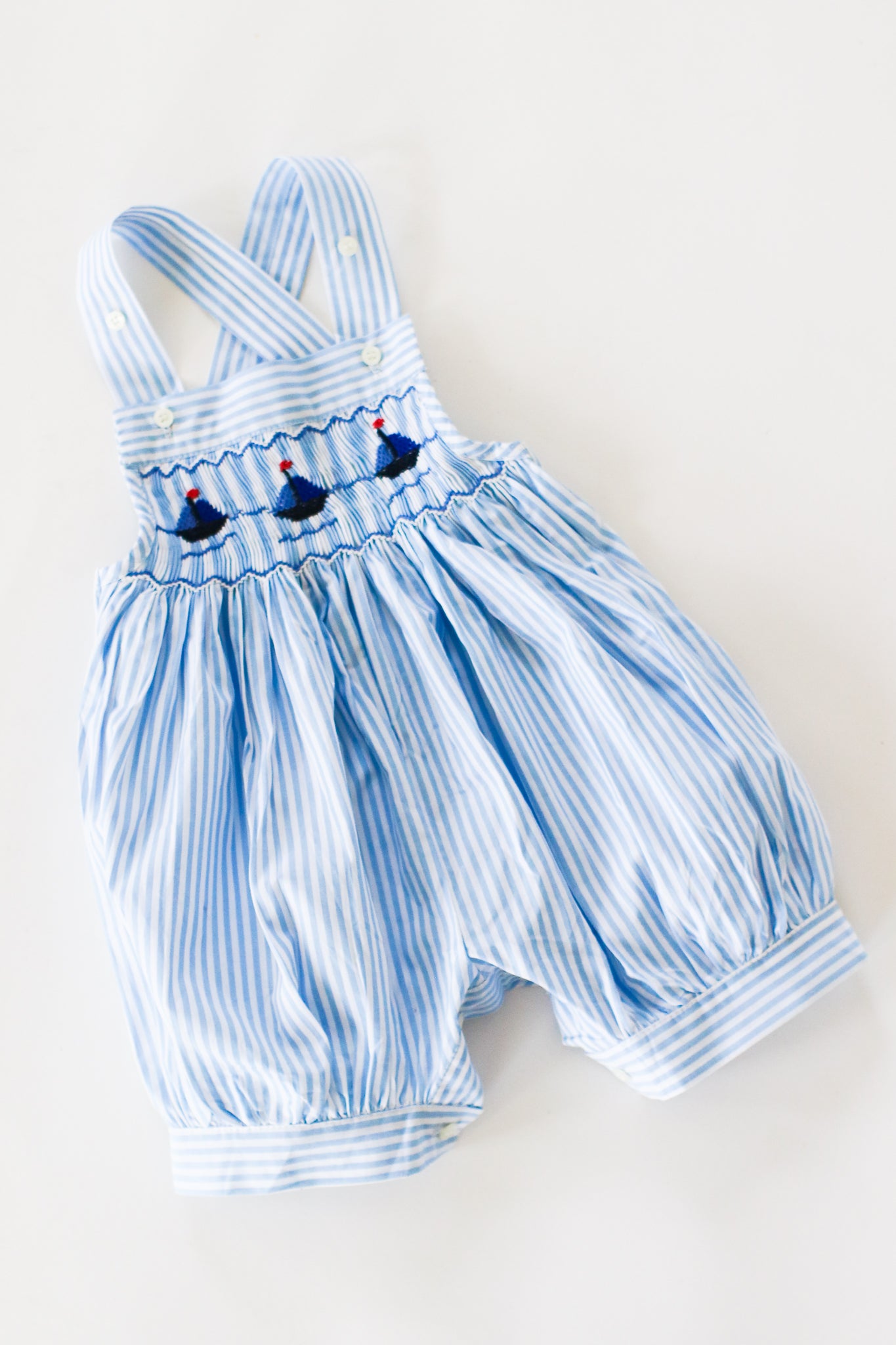 Hand-Smocked Romper Sailboats + Blue and White Stripe