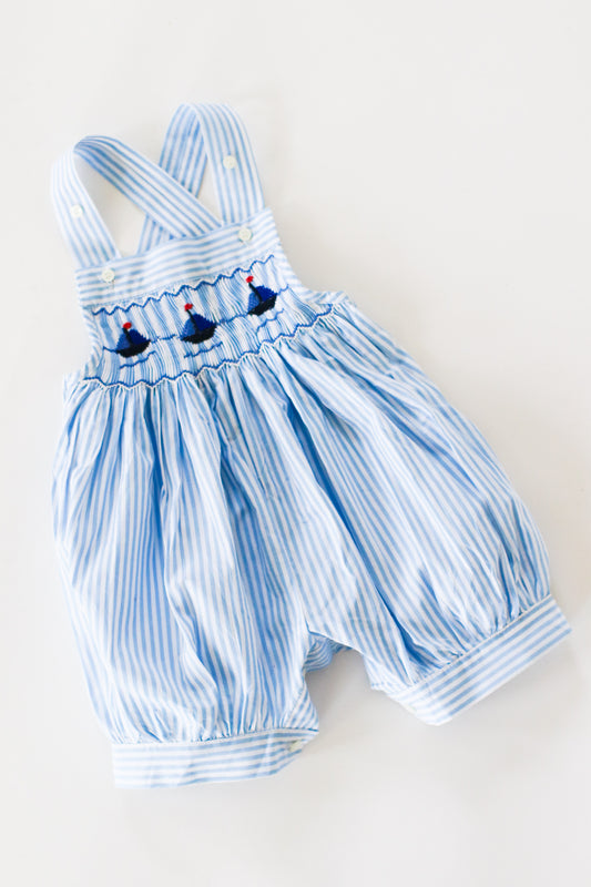 Hand-Smocked Romper Sailboats + Blue and White Stripe