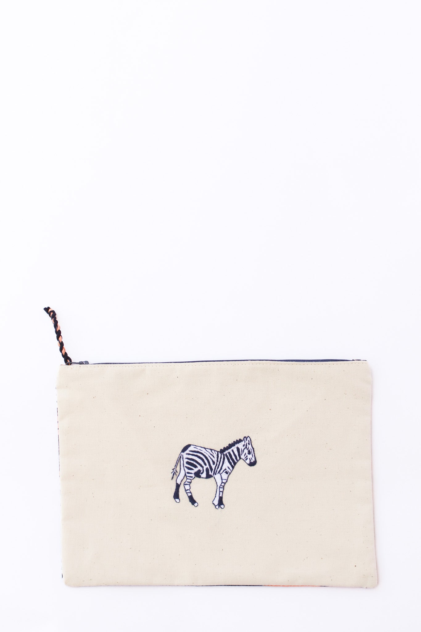 Embroidered Zebra Pouch, Navy