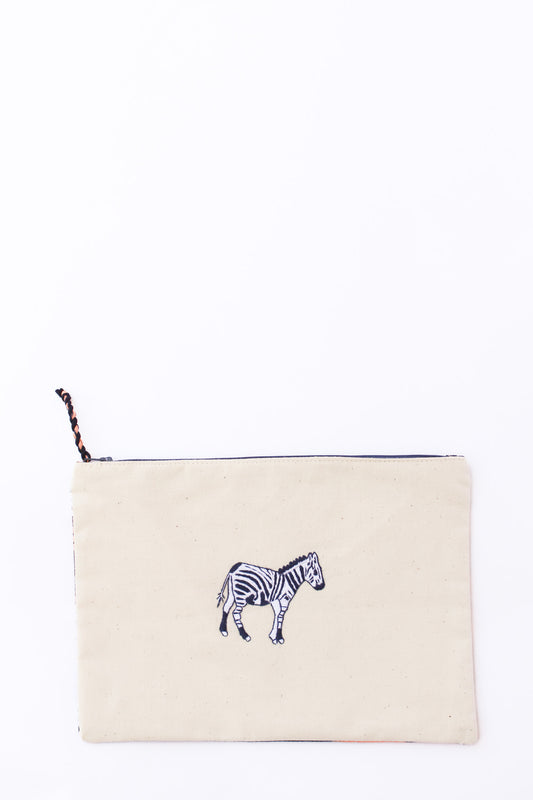 Embroidered Zebra Pouch, Navy