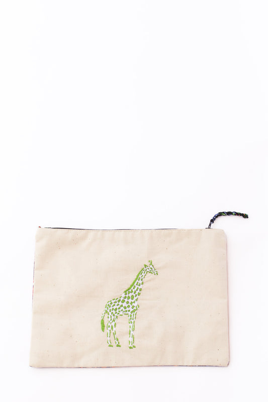 Embroidered Giraffe Pouch, Lime