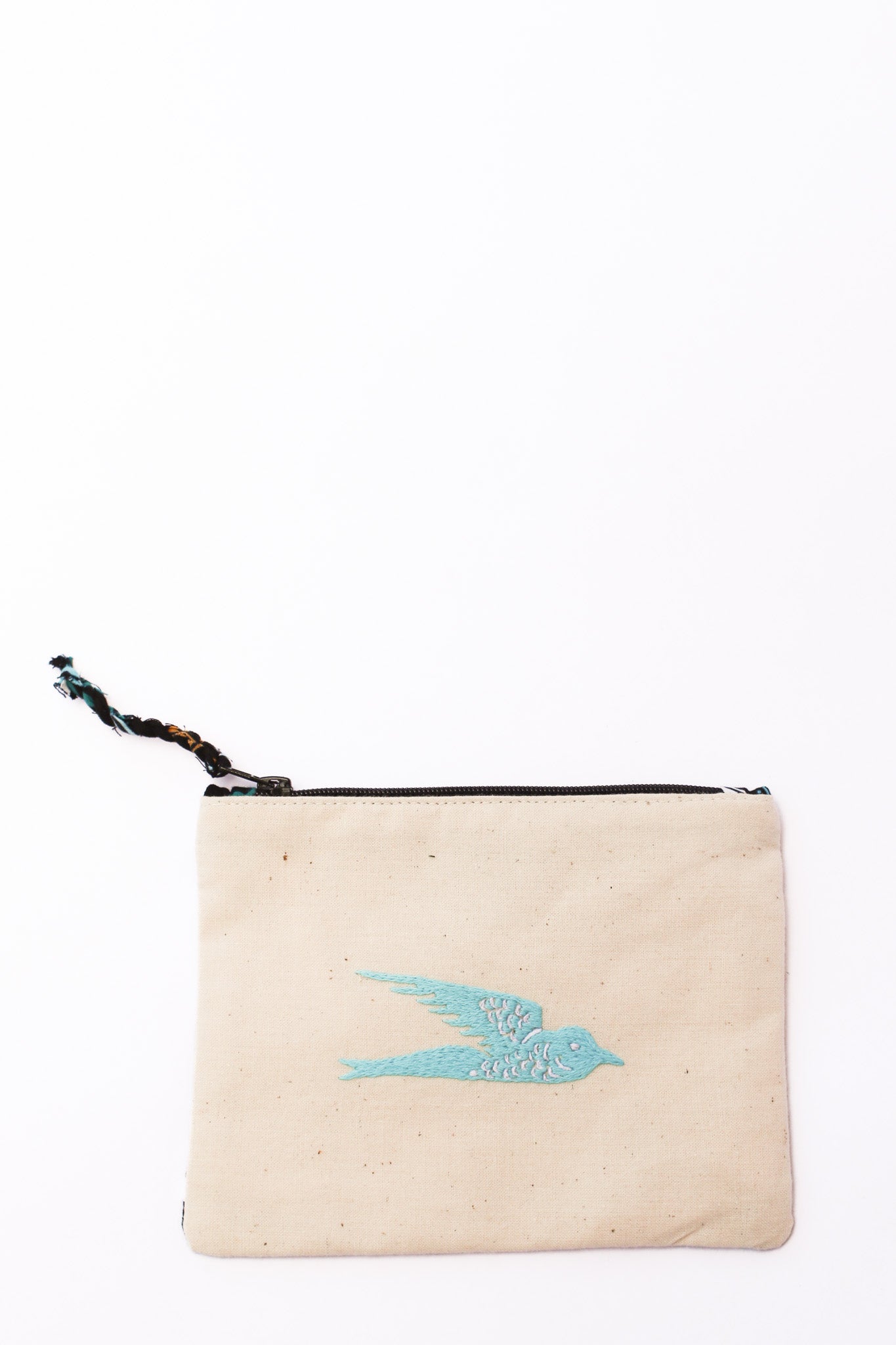 Embroidered Swallow Pouch, Cyan