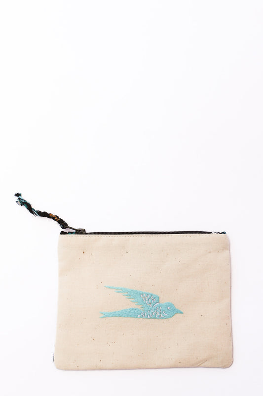 Embroidered Swallow Pouch, Cyan