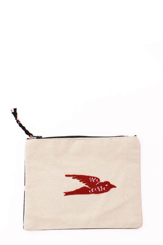 Embroidered Swallow Pouch, Burgundy