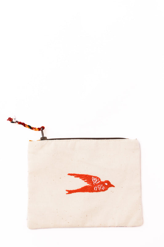Embroidered Swallow Pouch, Persimmon