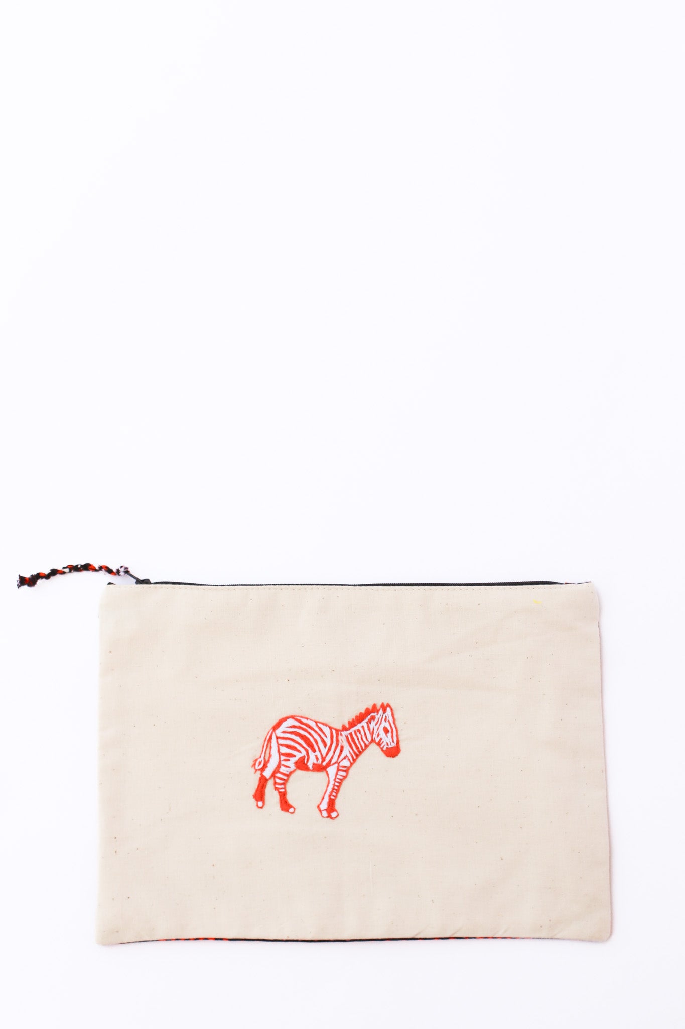 Embroidered Zebra Pouch, Tangerine