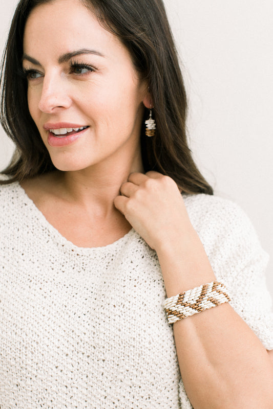 Ostrich Eggshell Geometric Weave Bracelet, Sienna