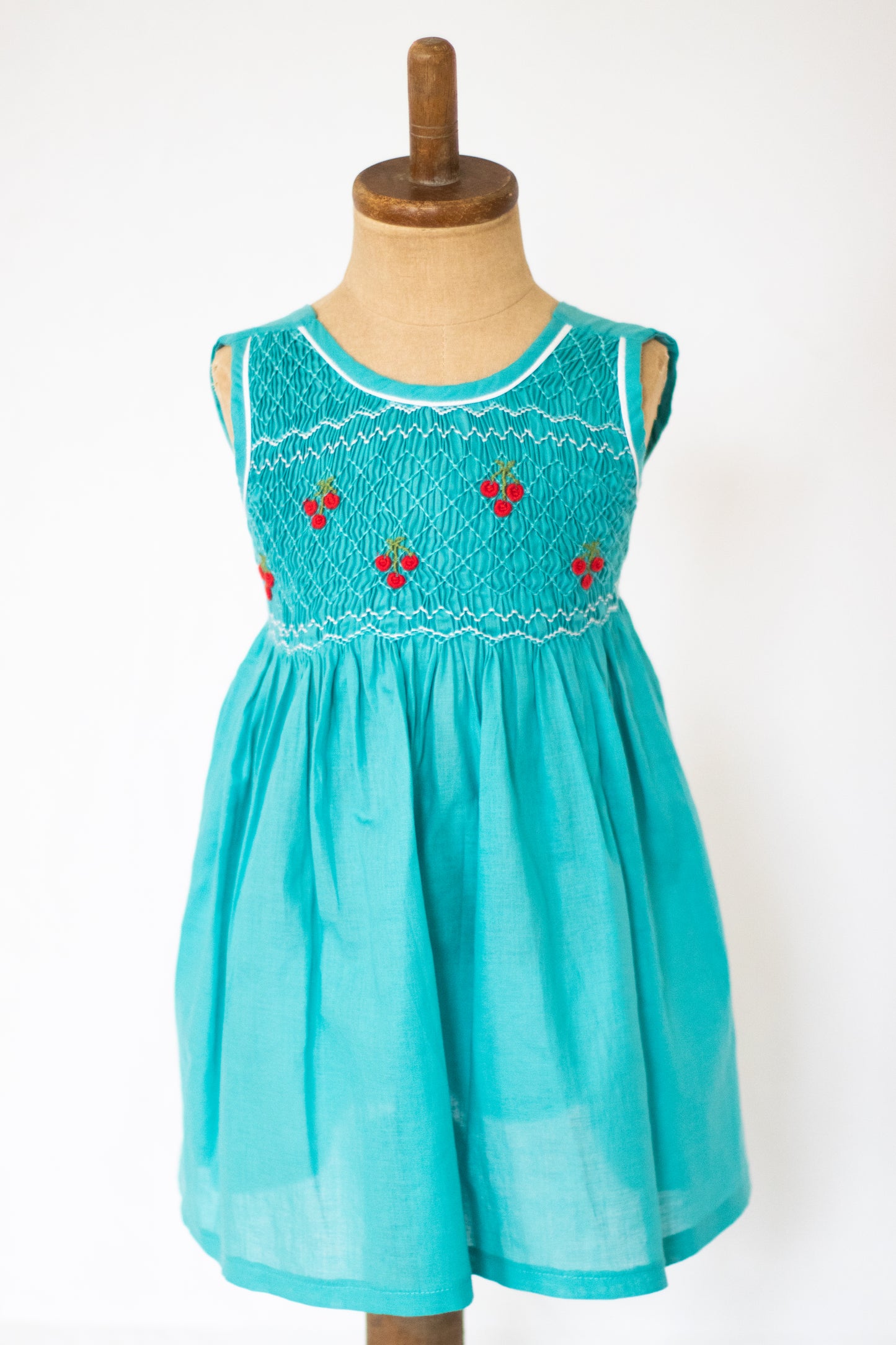 Hand-Smocked Dress Cherries, Aqua